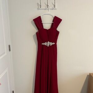 Elegant Red Gown with Embellished Waist